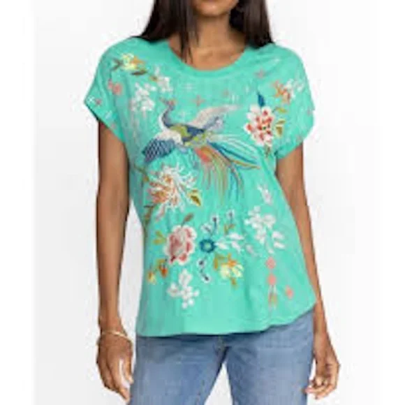 JOHNNY WAS embroidered Turquoise Tee STUNNING Sz L NWT-RARE/Hard-to-find! - Picture 1 of 16